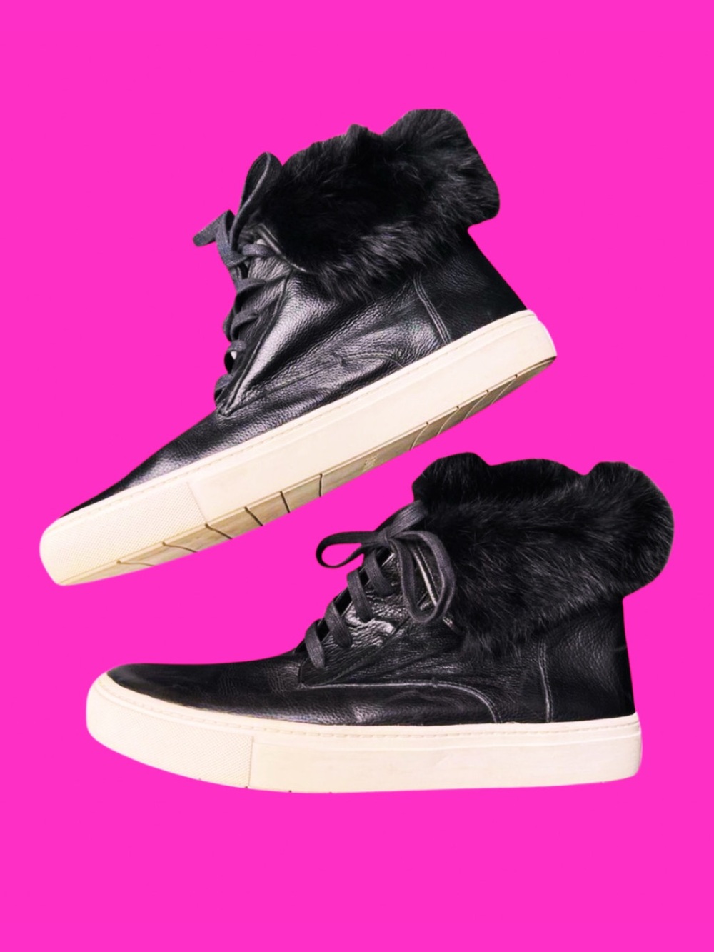 vince. high top black leather sneakers with rabbit fur lining
